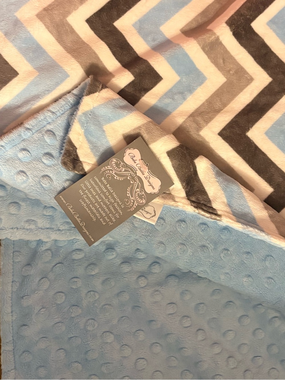 Plush Chevron Baby Blanket in Light Blue, Gray & White
